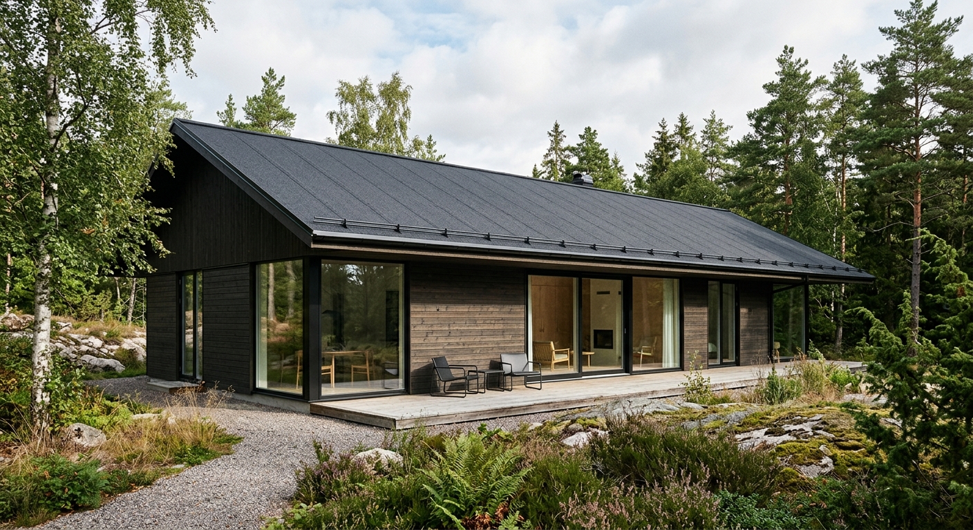 Mörkt slätt papptak på modernt låglutande hus