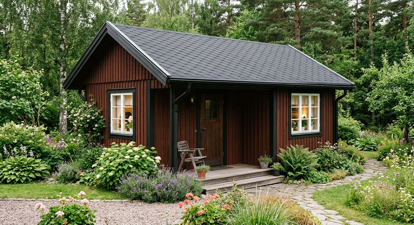 Shingeltak på mindre trädgårdsbyggnad
