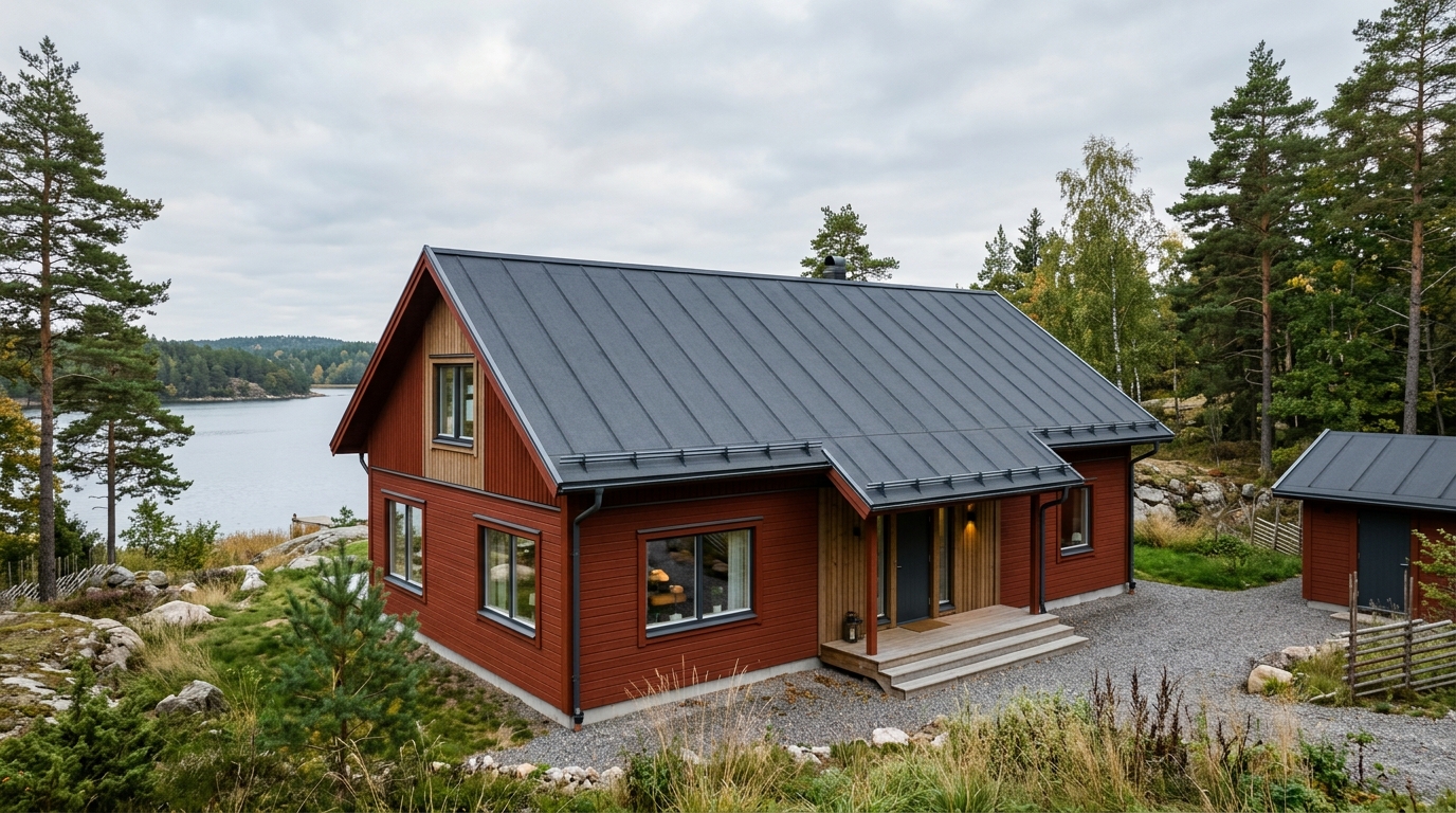Svensk villa med papptak och väl utförda plåtdetaljer vid takkant