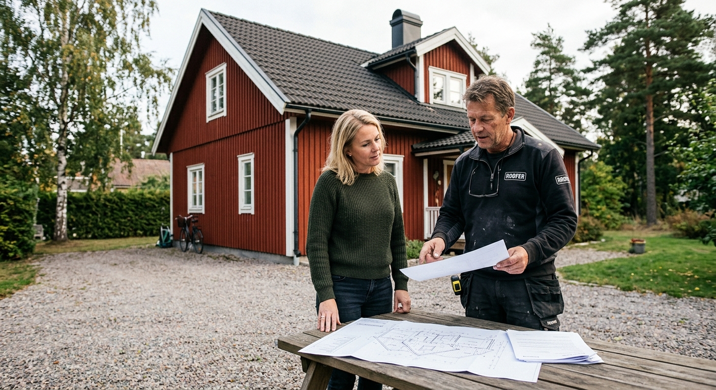 Takläggare och husägare går igenom ritning och offert vid ett hus