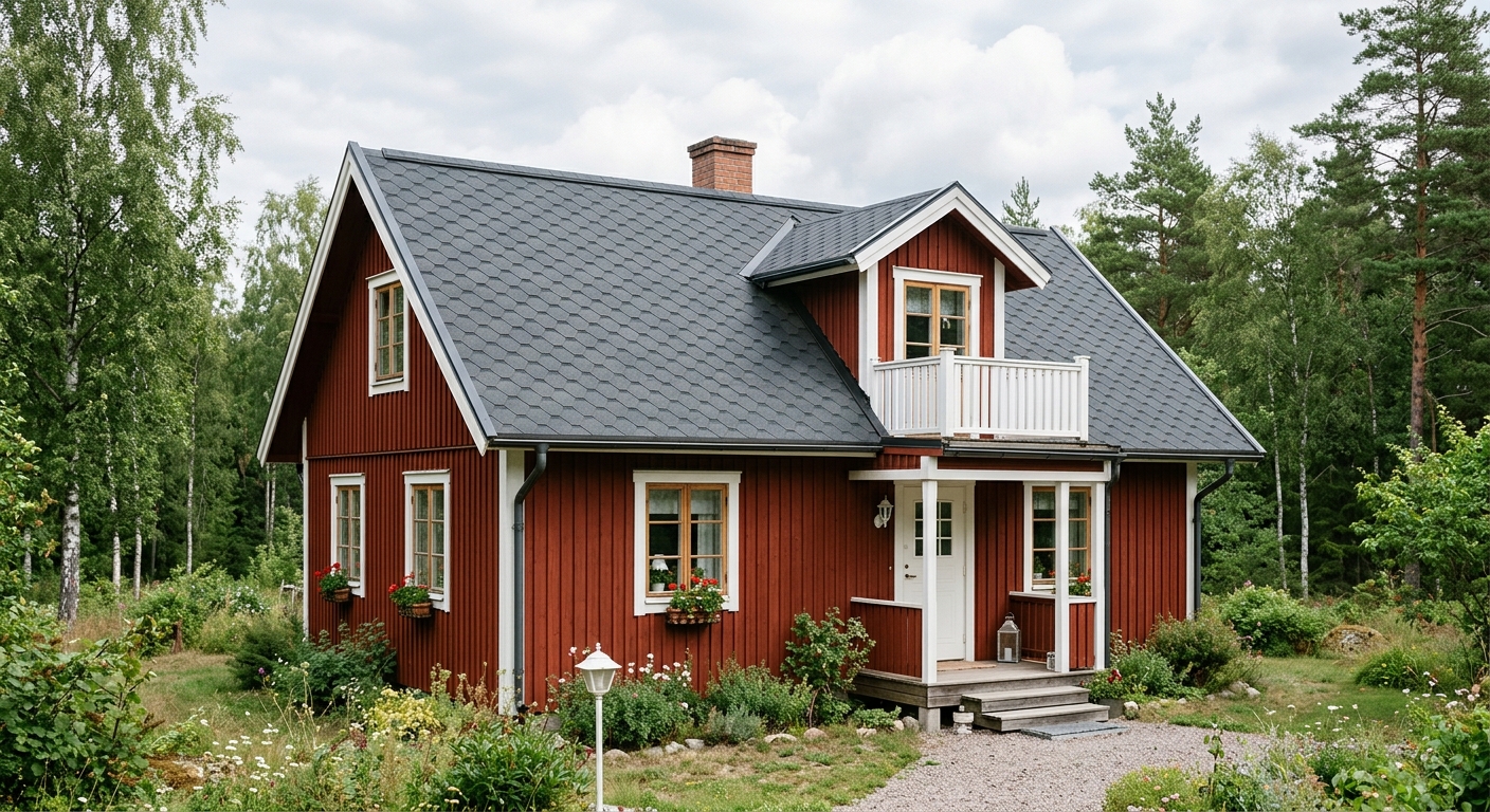 Shingeltak med sexkantigt mönster på en mindre villa