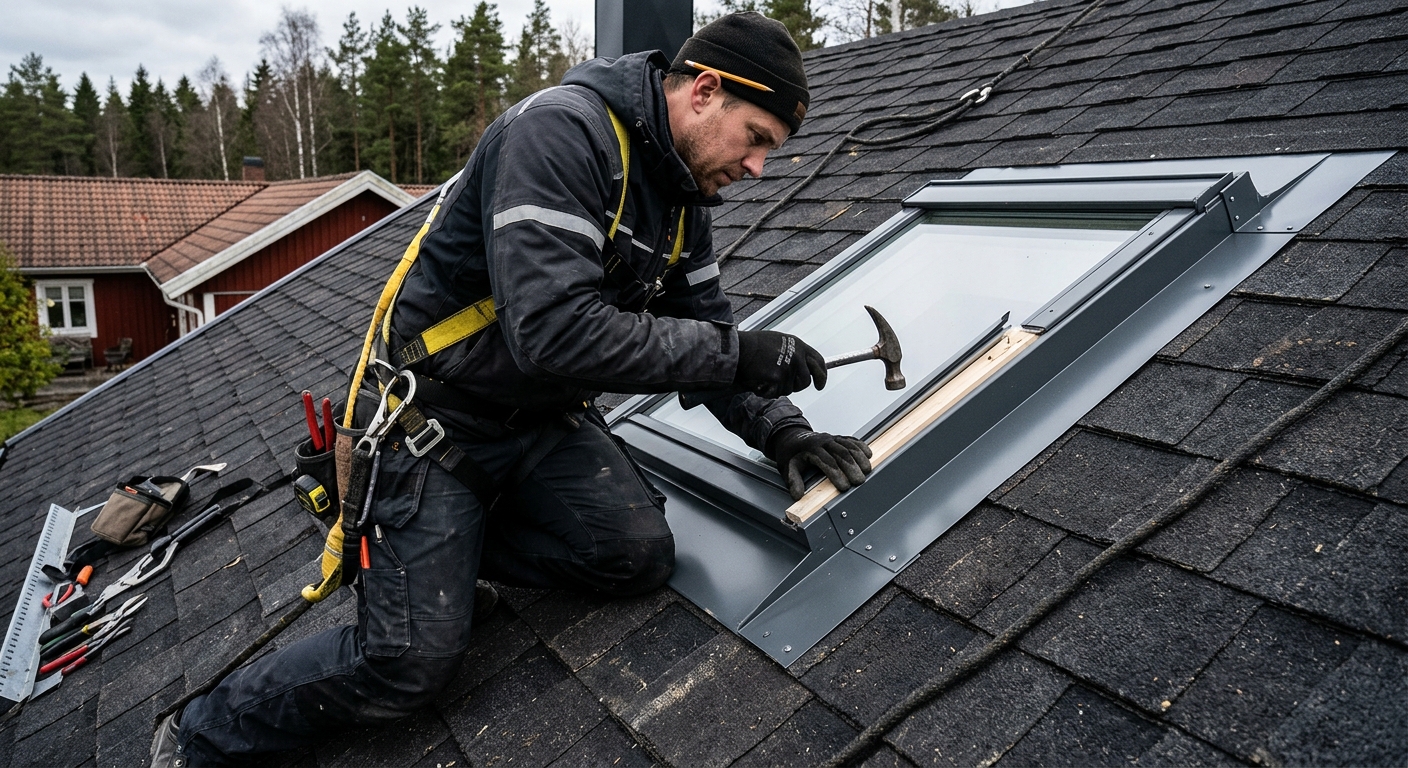 Detaljarbete med plåtanslutning runt ett takfönster på shingeltak