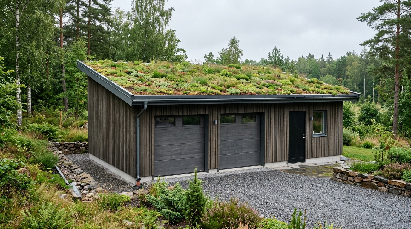 Modernt svenskt garage med låglutande grönt sedumtak i bostadsmiljö