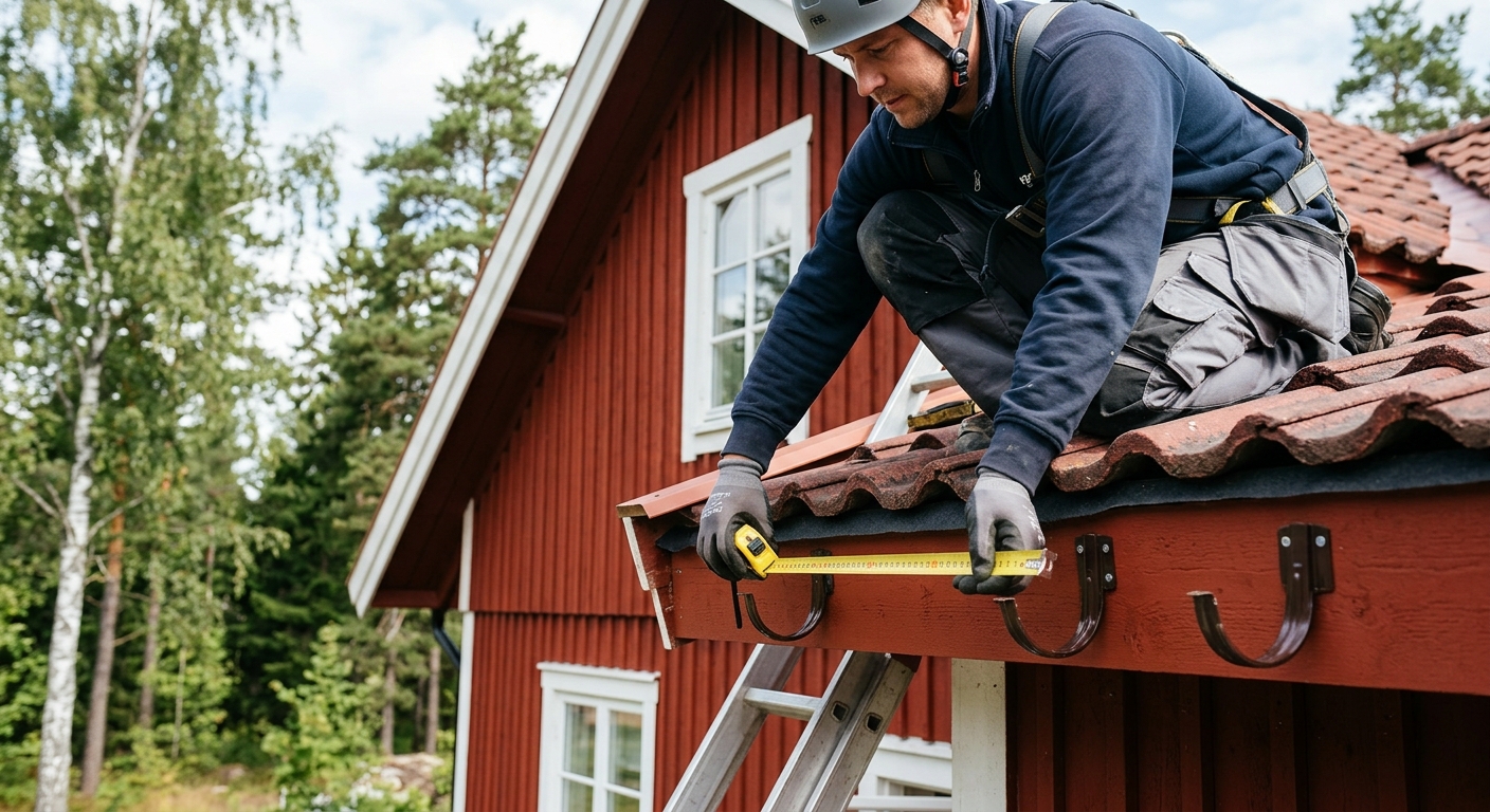Hantverkare som mäter takfot inför montering av hängränna