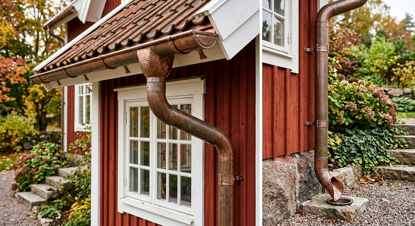 Kopparfärgad takavvattning på äldre villa