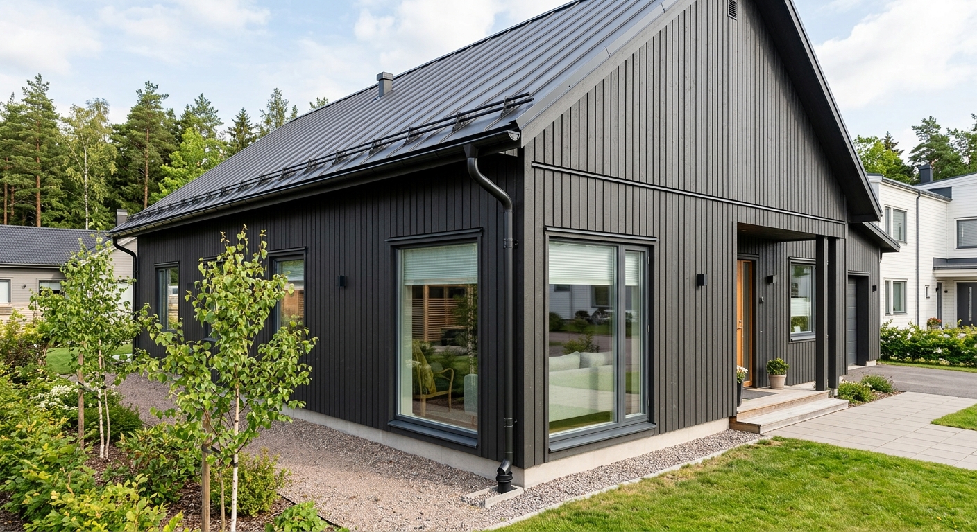 Färdigmonterade mörka hängrännor och stuprör på villa