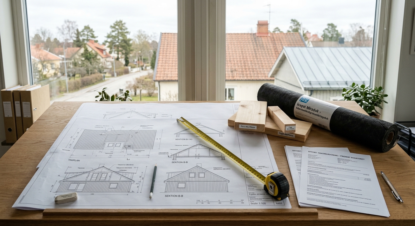 Takritning, måttband och offertunderlag på ett arbetsbord