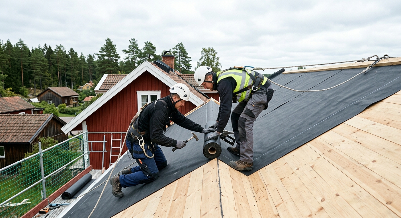Takläggare monterar underlagstak på ett villatak
