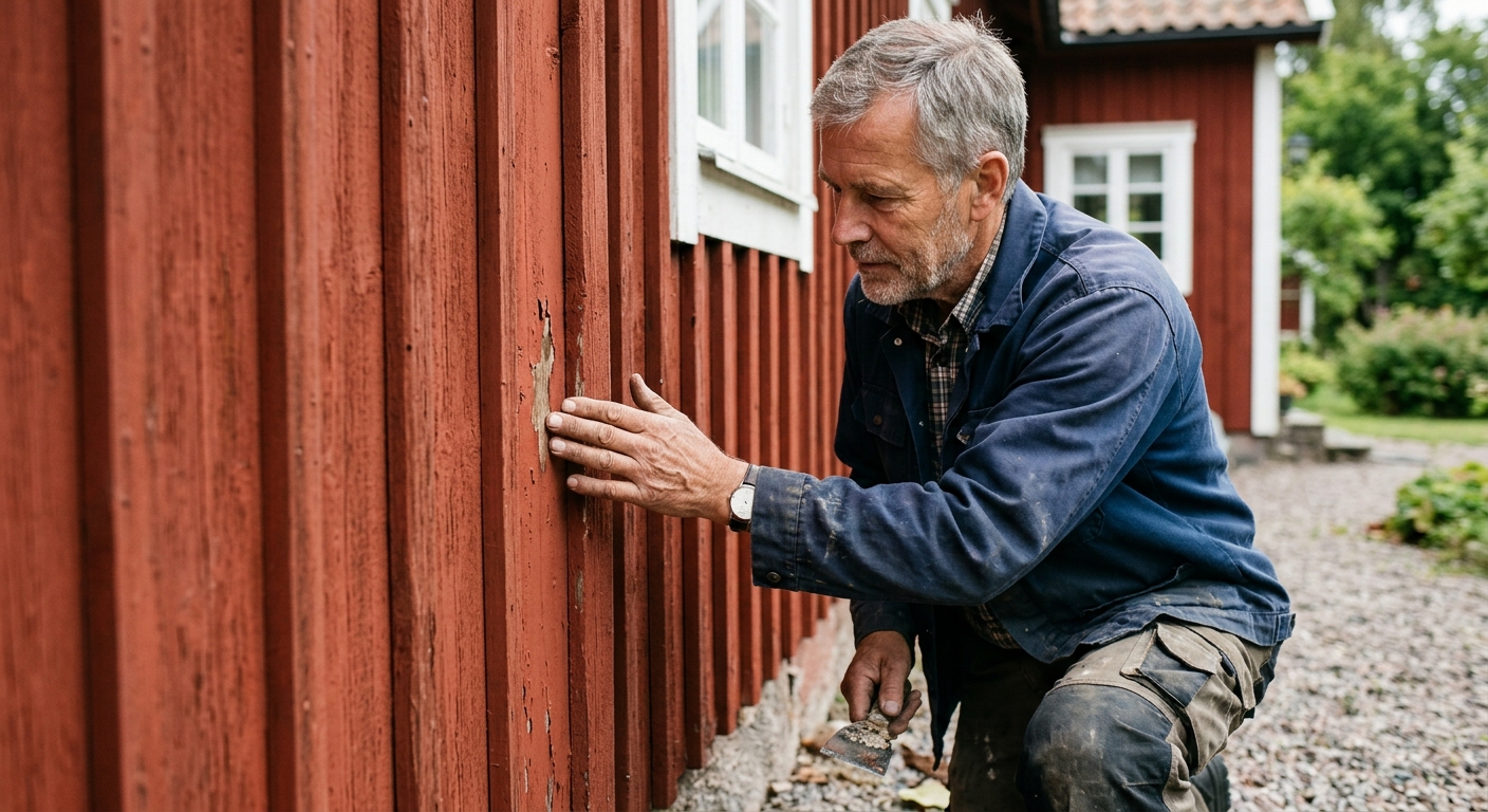 Fackperson som granskar träfasad på villa före rengöring