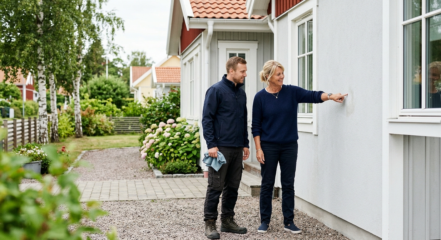 Villaägare och utförare gör slutkontroll av rengjord fasad