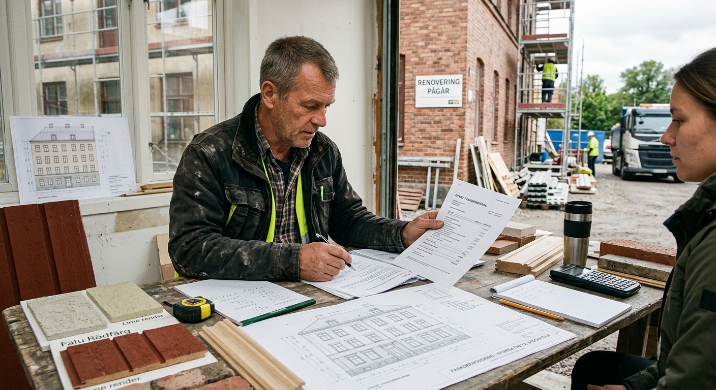 Fasadentreprenör planerar putsarbete med ritning och mått vid arbetsbord