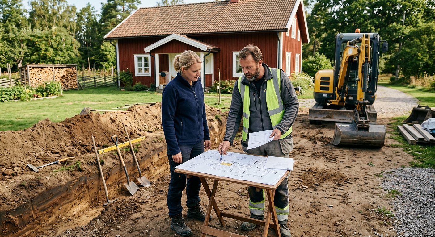 Fastighetsägare och markentreprenör jämför ritning och offert vid ett avloppsschakt