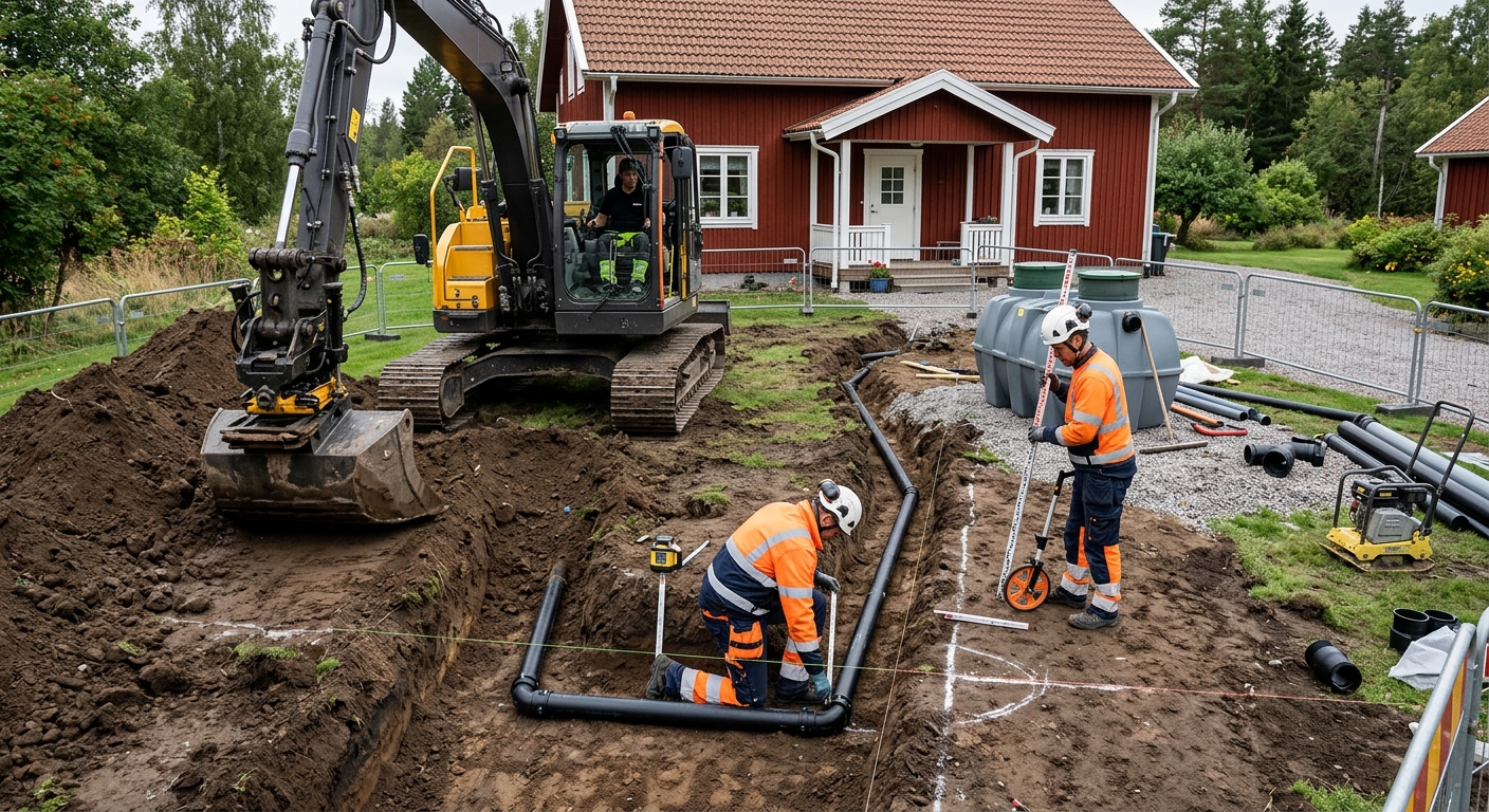 Grävmaskin utför markarbete för installation av minireningsverk