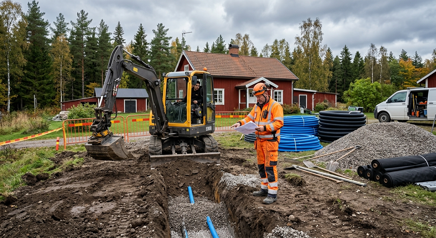 Grävmaskin och markarbetare som förbereder schakt för ett enskilt avlopp