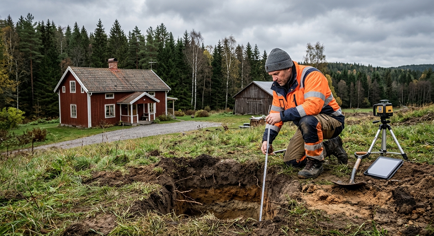 Markentreprenör som undersöker markförhållanden på en tomt inför en markbädd