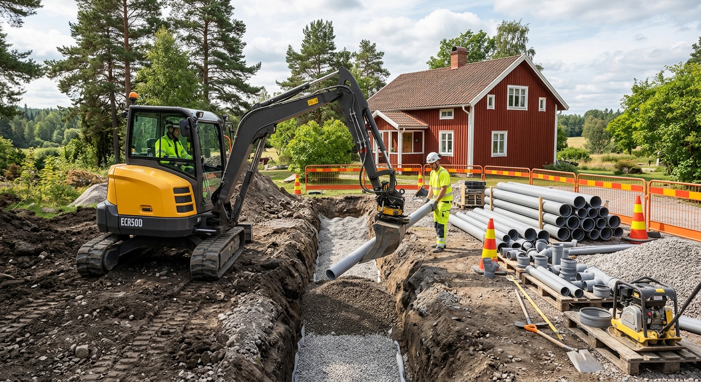 Grävmaskin och rördelar vid installation av enskilt avlopp på villatomt