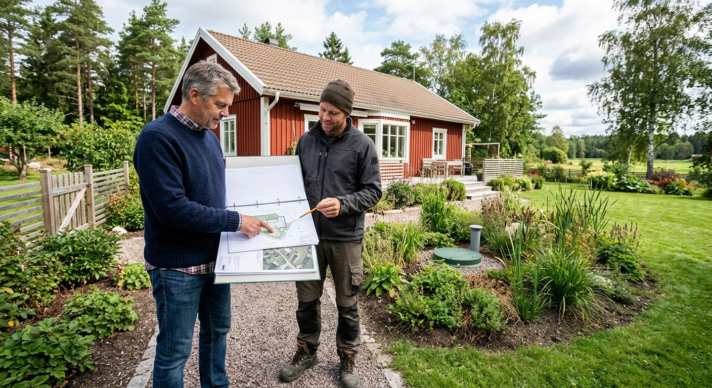 Fastighetsägare och markentreprenör går igenom ritning för färdig markbädd