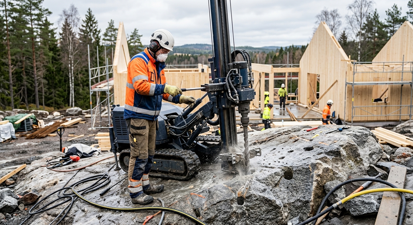 Entreprenör som borrar i berg på en avgränsad tomt