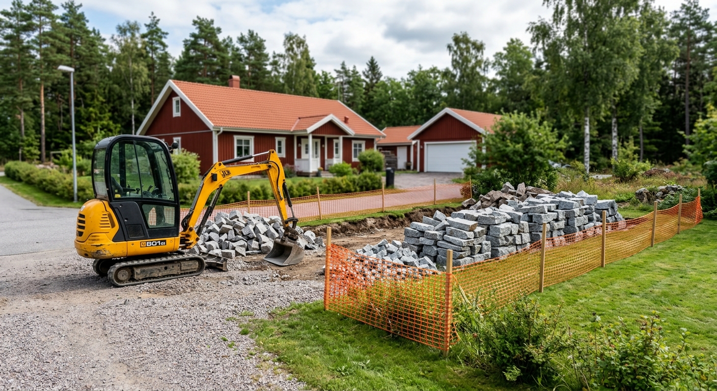 Sorterade stenmassor och minigrävare på tomt efter bergarbete