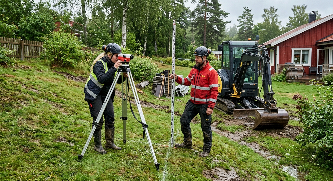 Markentreprenör som mäter ut sträckningen för ett dike på en villatomt