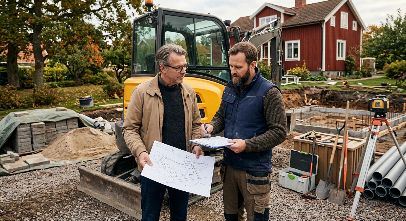 Beställare och markentreprenör går igenom ritning och offert vid en grävmaskin