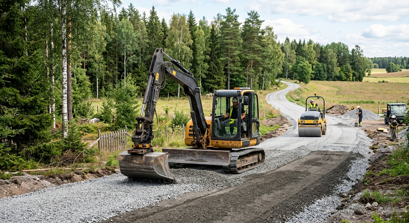 Grävmaskin och vält som bygger upp en grusväg med krossmaterial