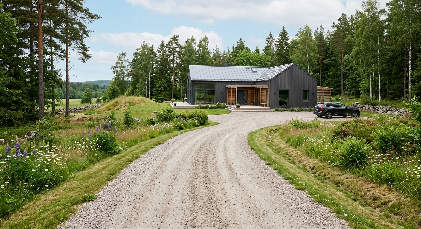 Färdig grusbelagd infartsväg som leder till en svensk villa på landsbygden