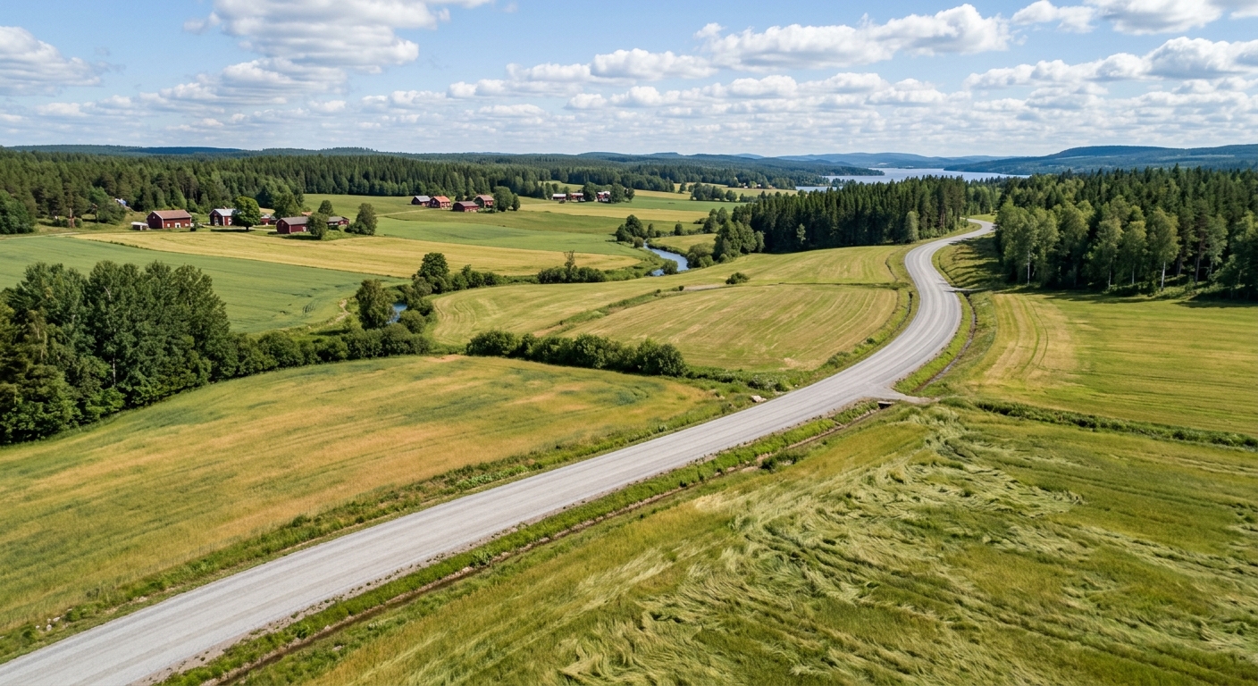 Nybyggd grusad tillfartsväg genom öppen terräng