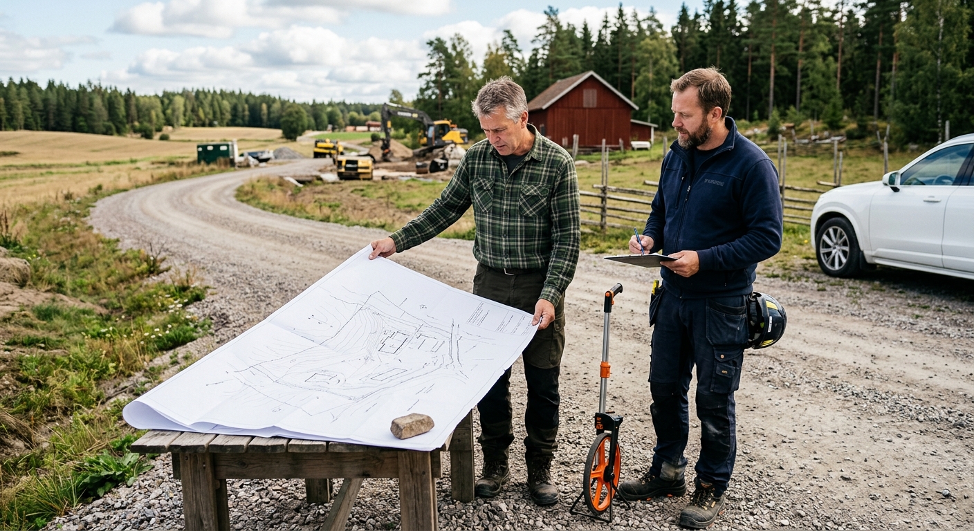 Entreprenör och fastighetsägare går igenom ritning för grusvägsprojekt