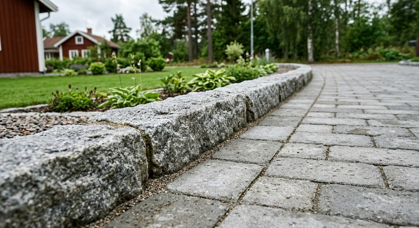 Grå granitkantsten längs stenlagd uppfart