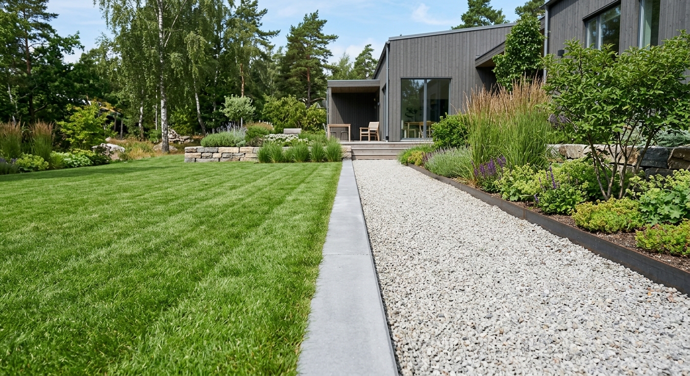 Rak betongkantsten längs modern gräsmatta