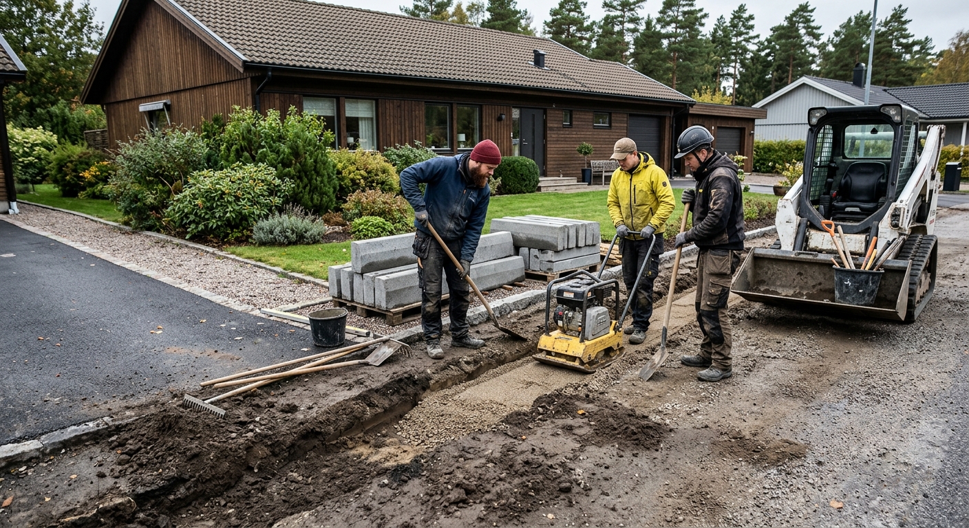 Markarbetare förbereder mark längs en uppfart inför montering av kantsten