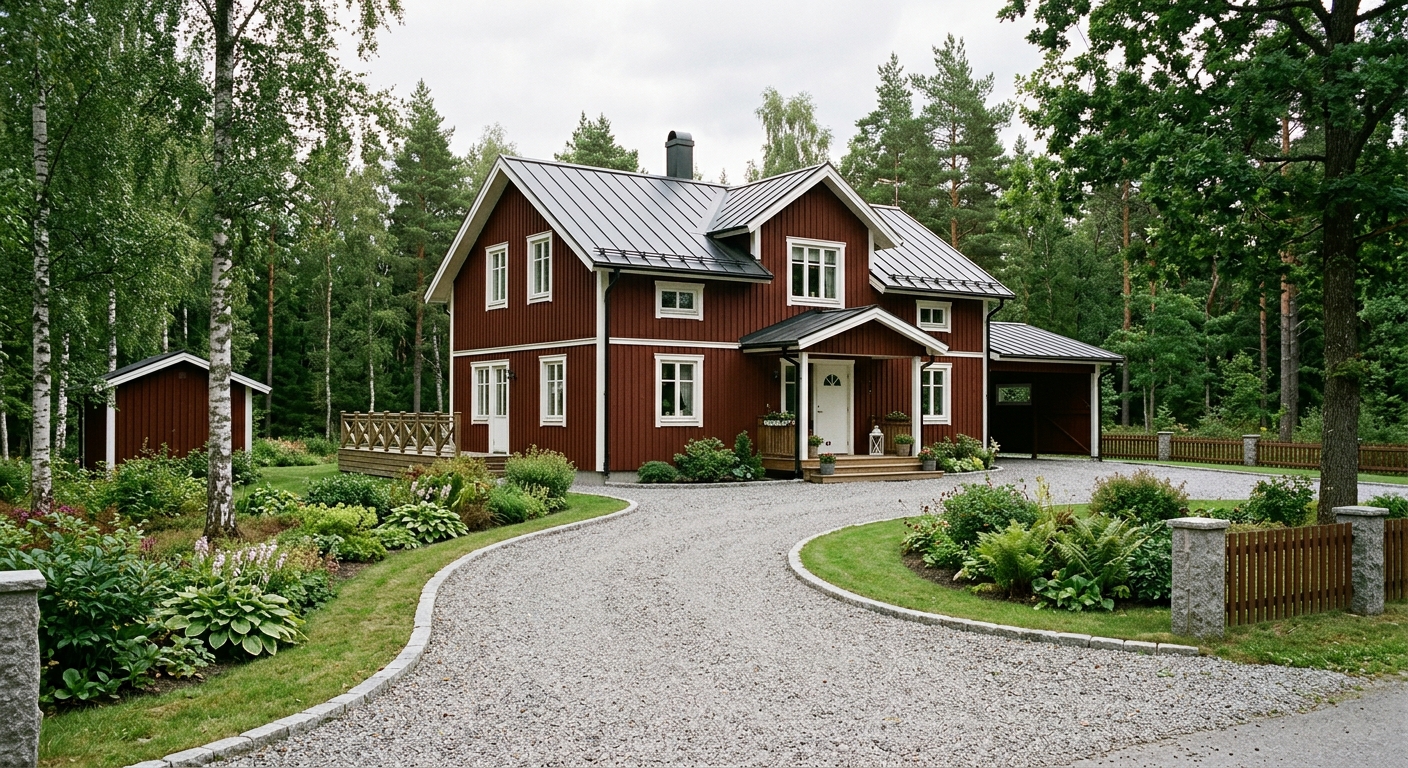 Grusad garageuppfart vid ett svenskt småhus