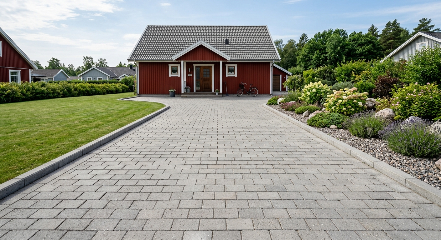 Garageuppfart lagd med rektangulär marksten