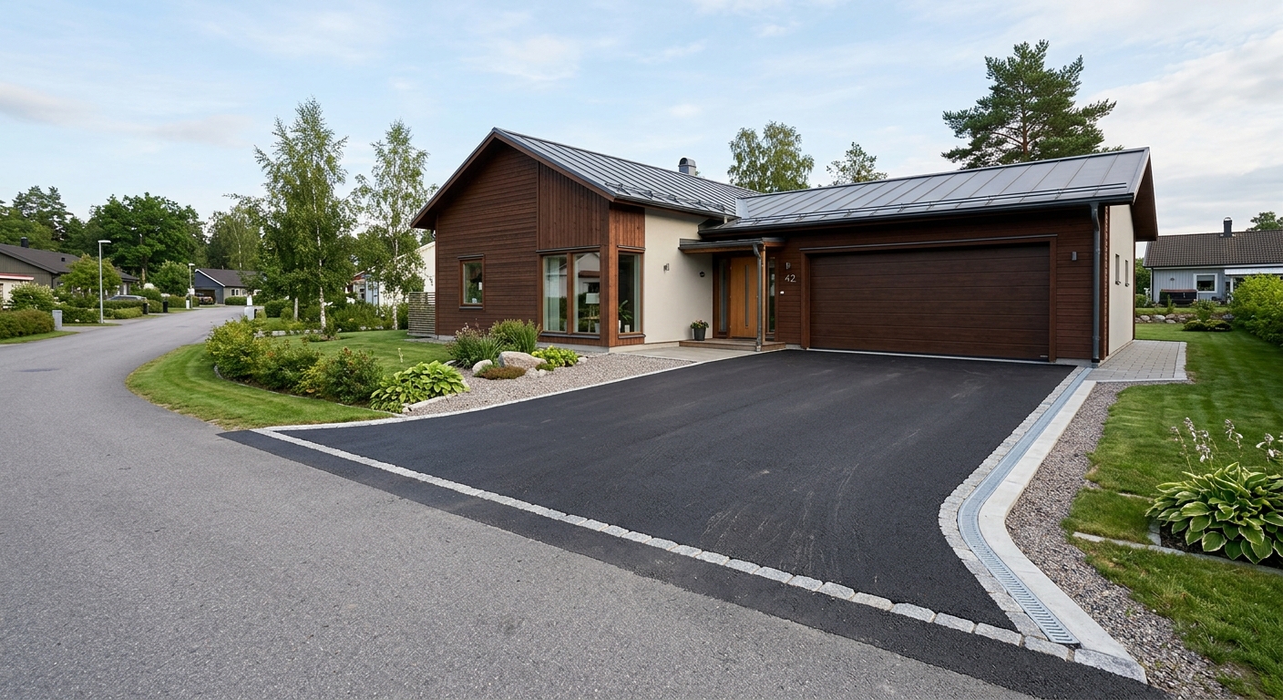 Slät asfalterad garageuppfart framför garage