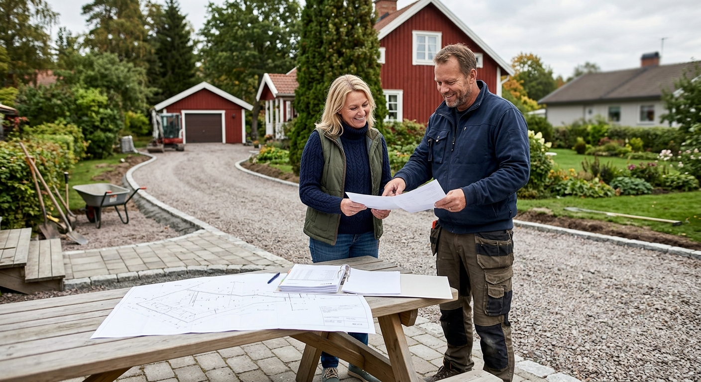 Husägare och markentreprenör jämför en ritning och en offert vid en uppfart