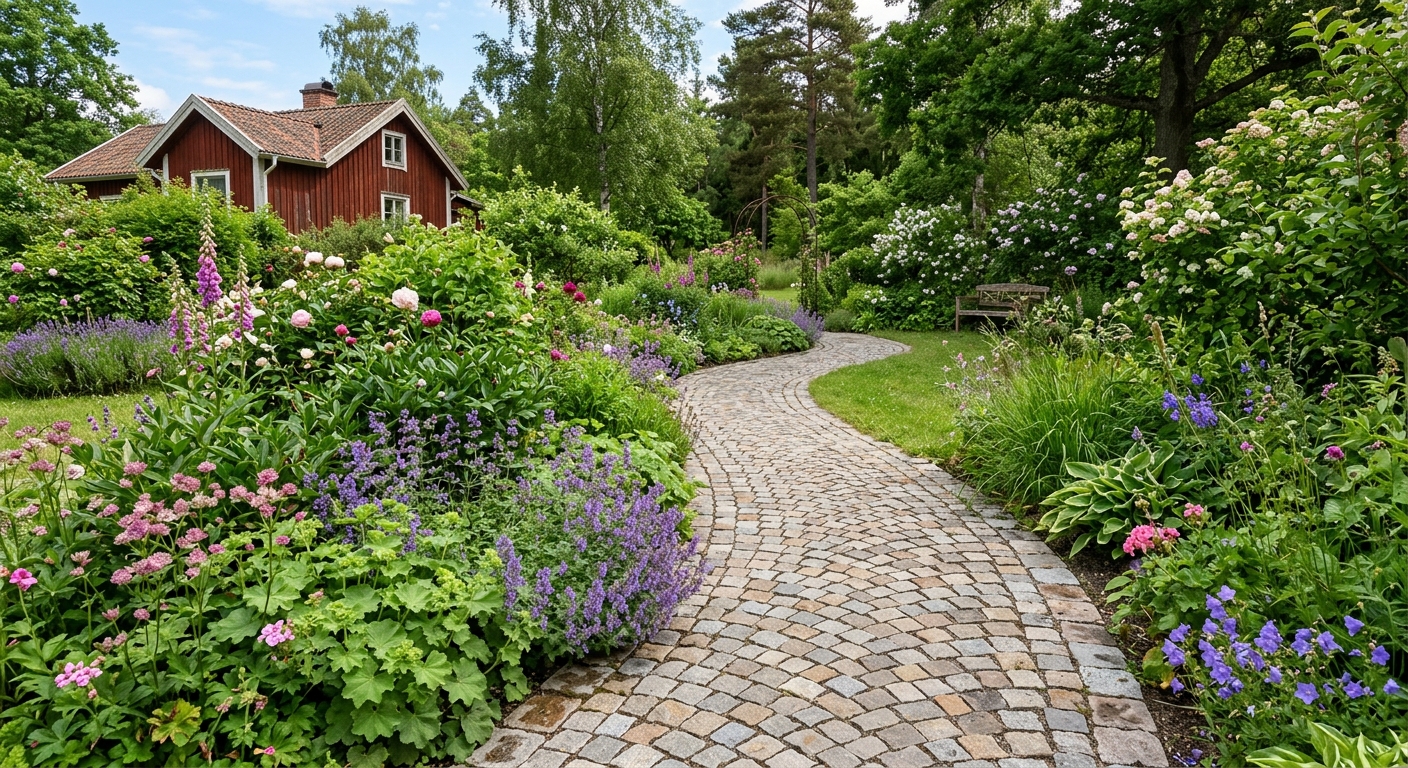 Små markstenar i bågformat gångstråk