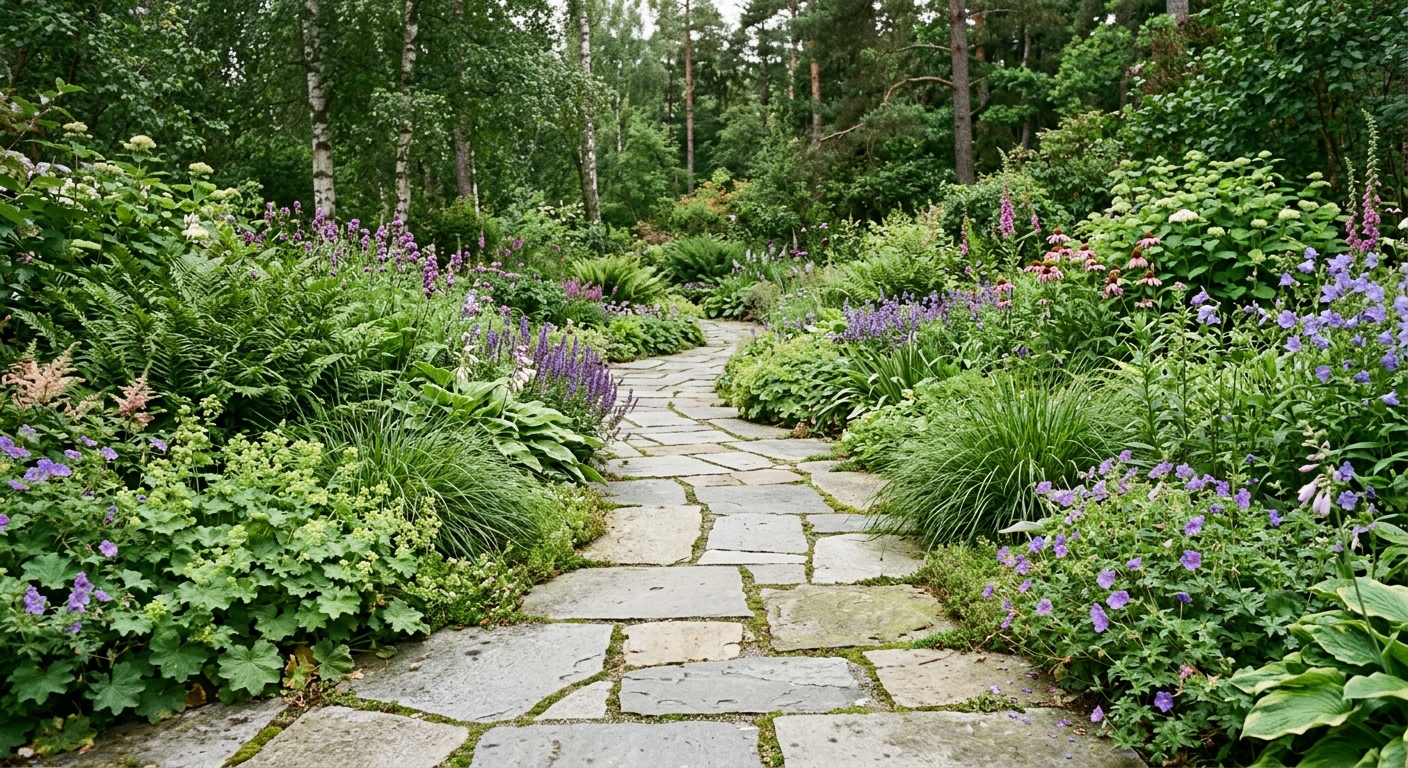 Naturstensplattor i en grön trädgårdsgång