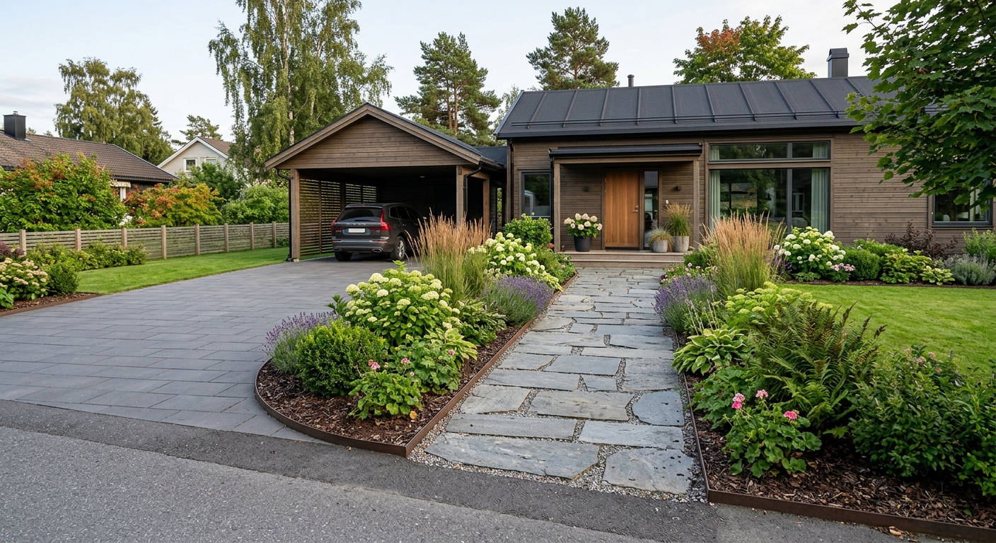 Stenlagd uppfart och gång vid ett svenskt hus