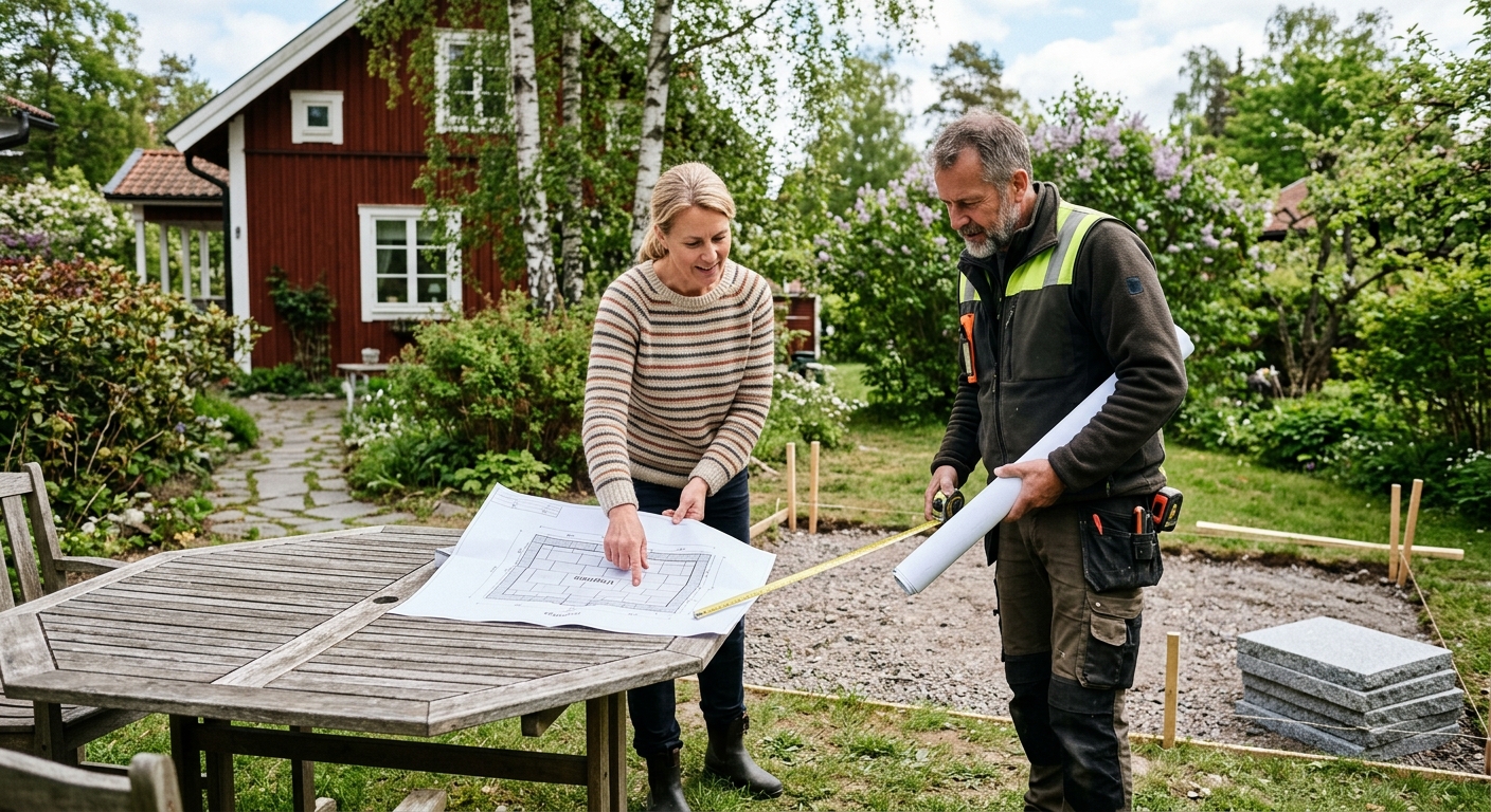 Husägare och markentreprenör granskar ritning för stenläggning