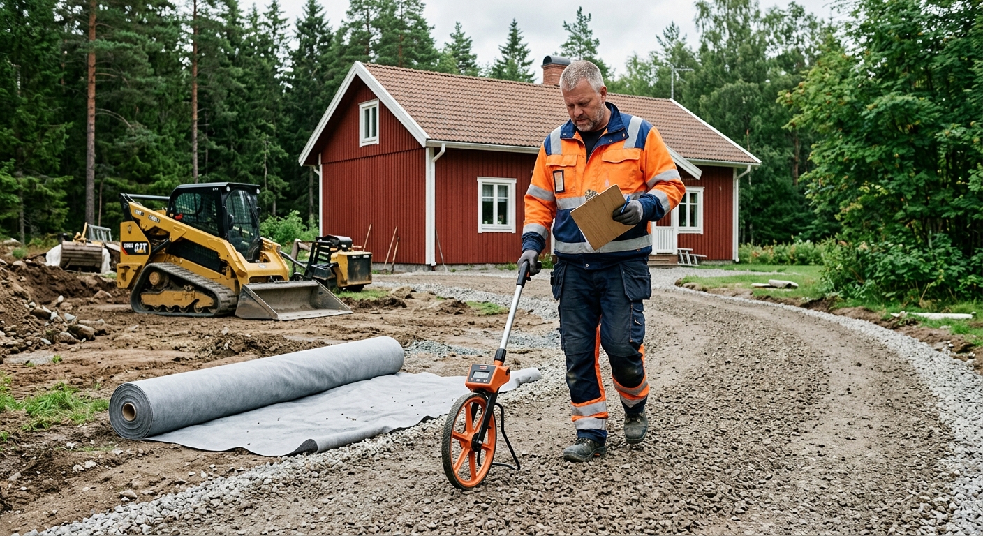 Markentreprenör mäter en grusyta och planerar fiberdukläggning
