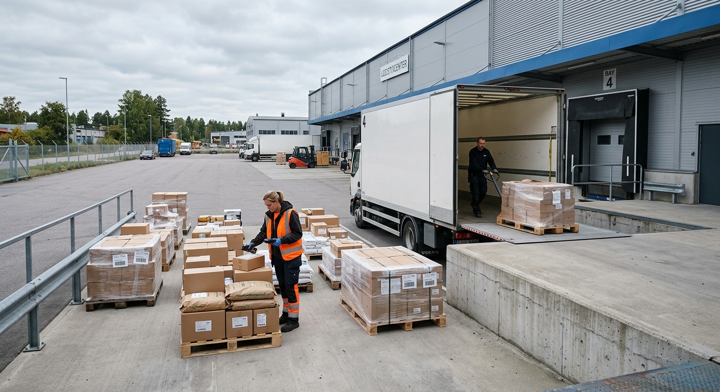 Lastpallar och paket vid en lastbil inför transport