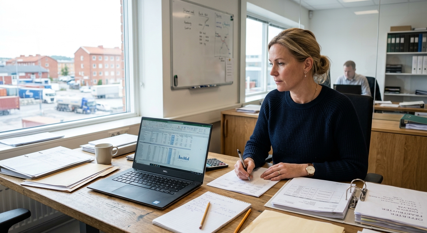 Logistikansvarig jämför transportofferter vid ett skrivbord