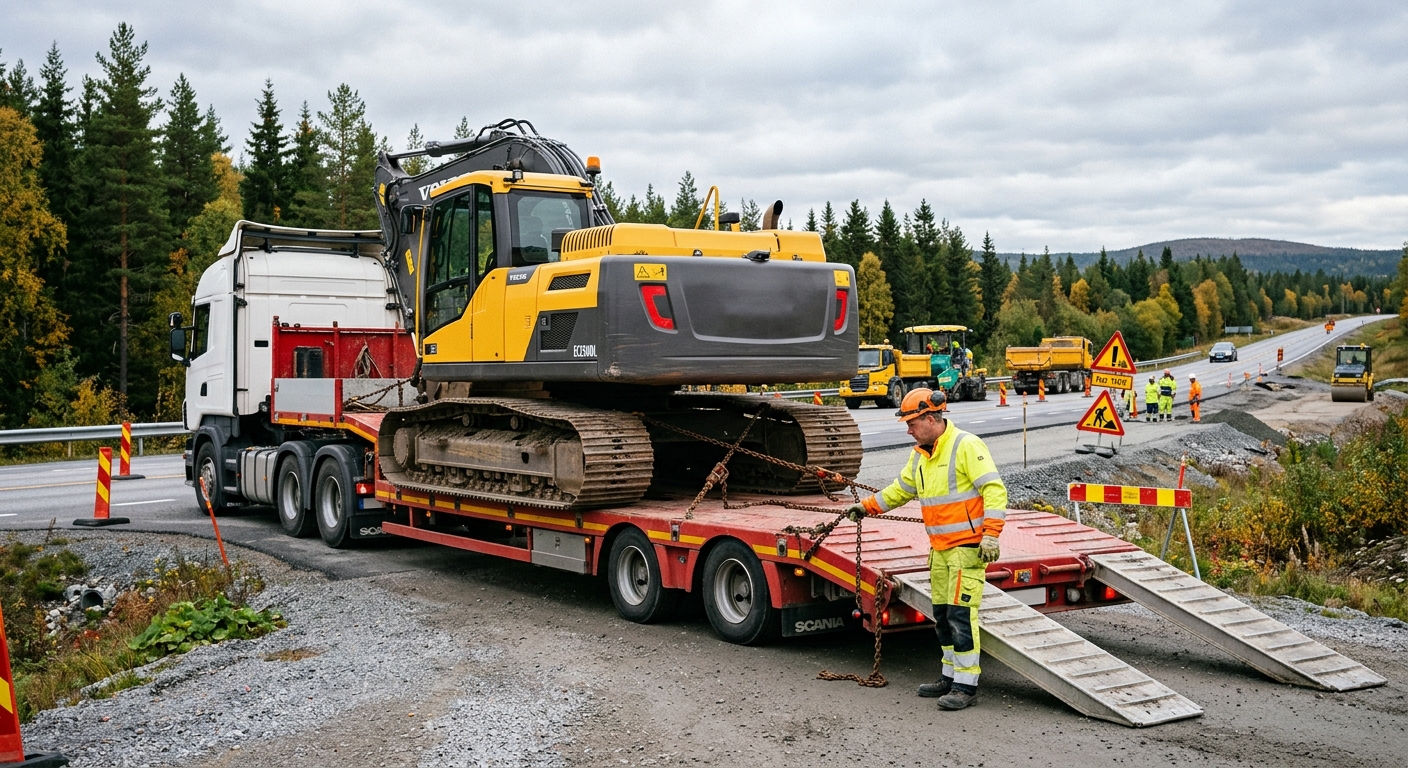Maskintrailer med grävmaskin vid en byggarbetsplats