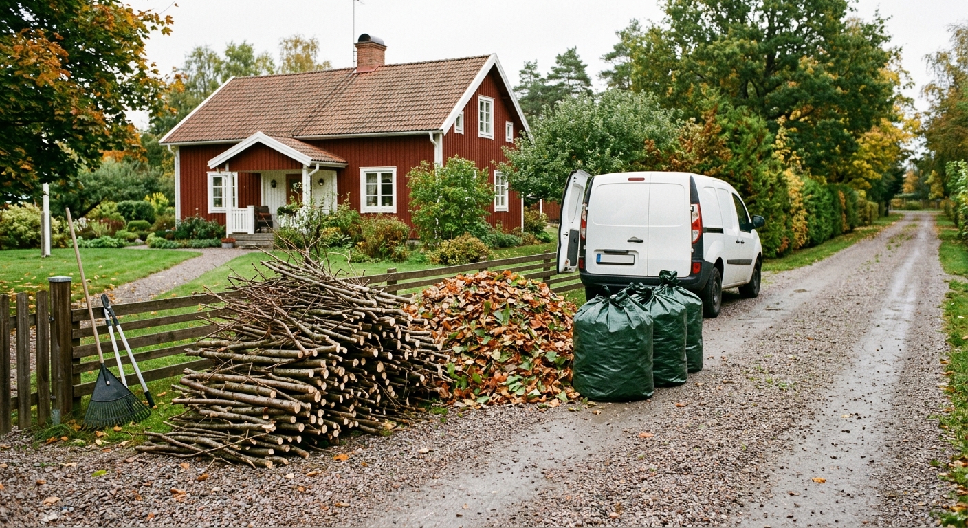 Sorterat trädgårdsavfall och säckar med jord redo för bortforsling