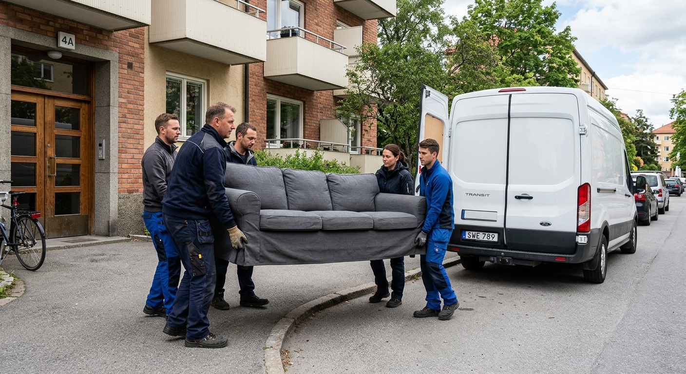 Två personer bär ut en soffa till en transportbil vid en bostad