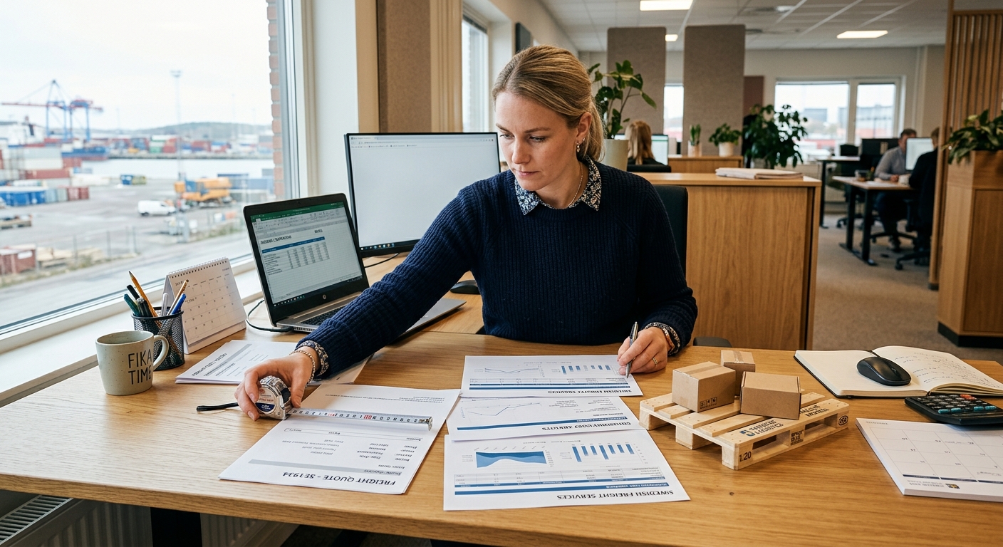 Person som jämför transportuppgifter och offerter vid ett skrivbord bredvid en modellpall