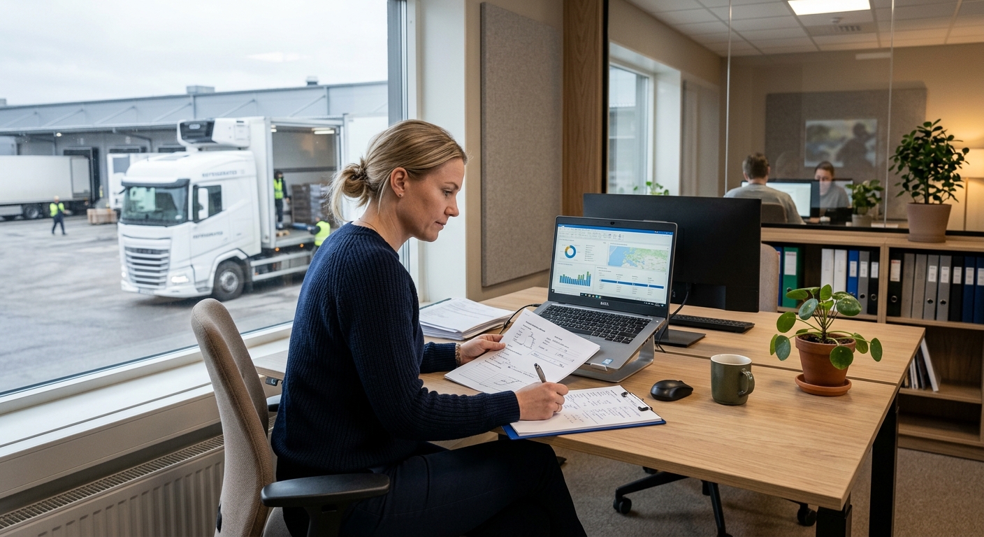 Transportplanerare granskar leveransuppgifter för kyltransport vid ett skrivbord