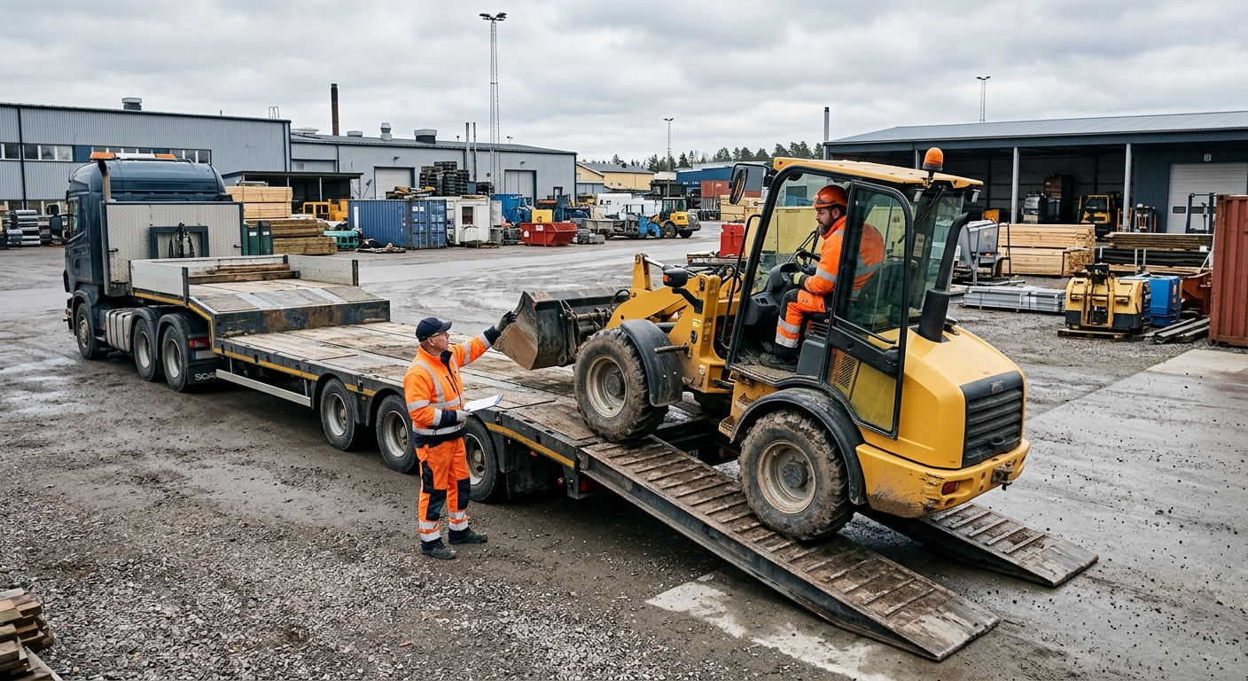 Lastning av kompakt lastmaskin på maskintrailer