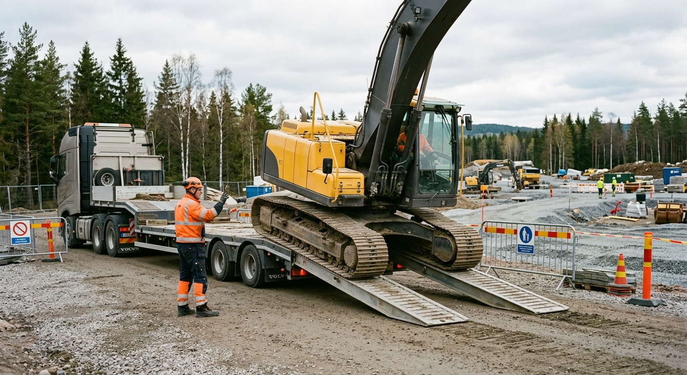 Maskin lossas från trailer på arbetsplats